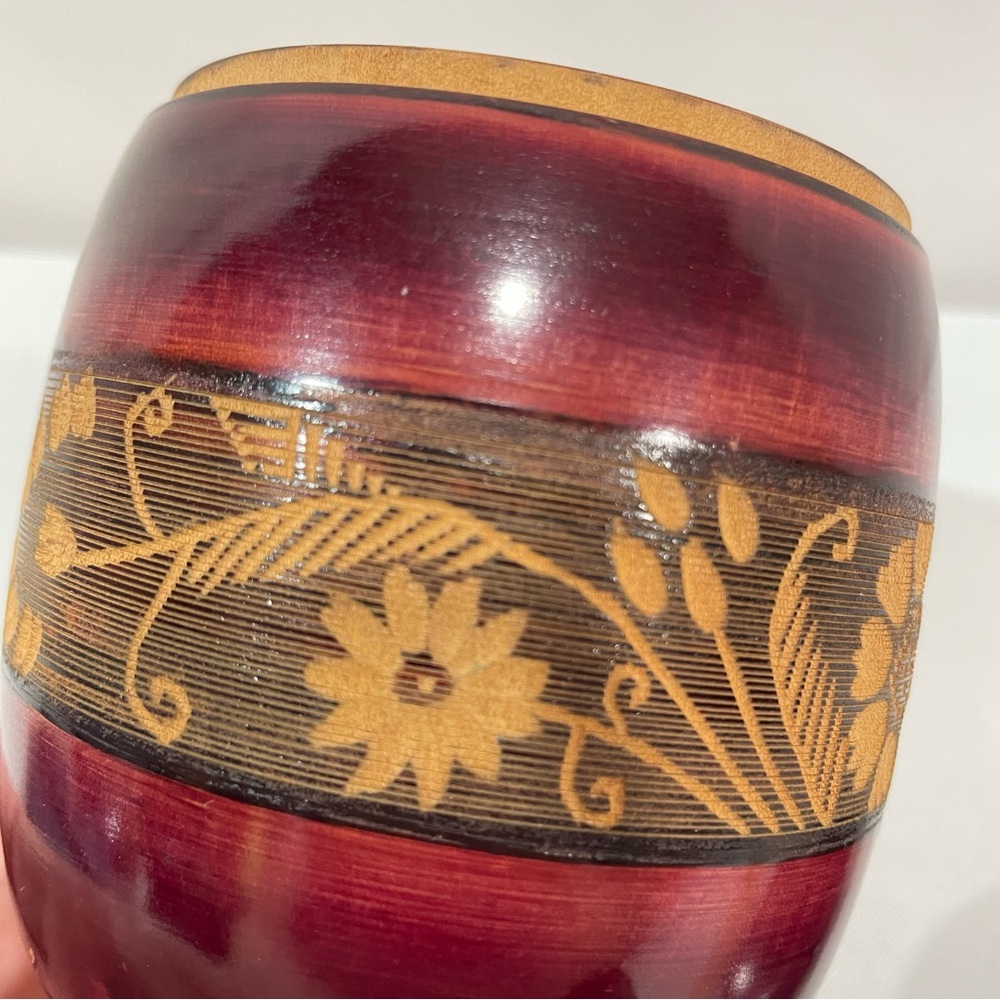 Hamdcrafted Wooden Jar Box with lid Floral Hand Carved band - Picture 11 of 13